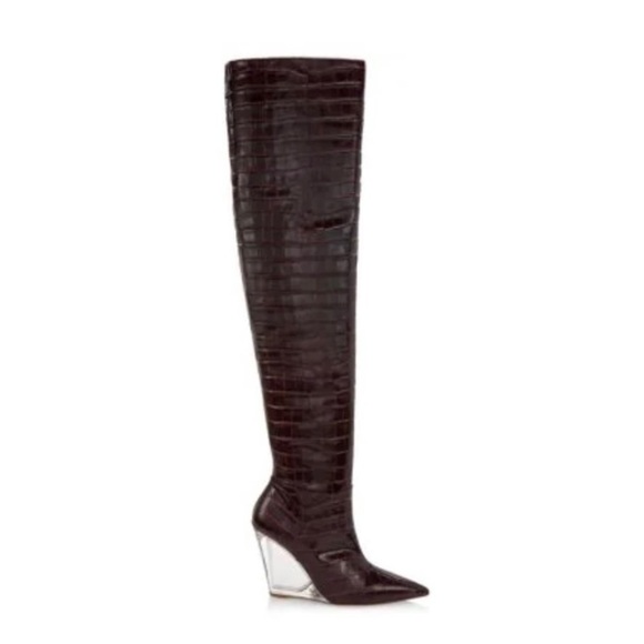 Stuart Weitzman LUCITE 100 WEDGE BOOT AS SEEN ON KIM KARDASHIAN Size 7.5 Plum - Picture 3 of 11